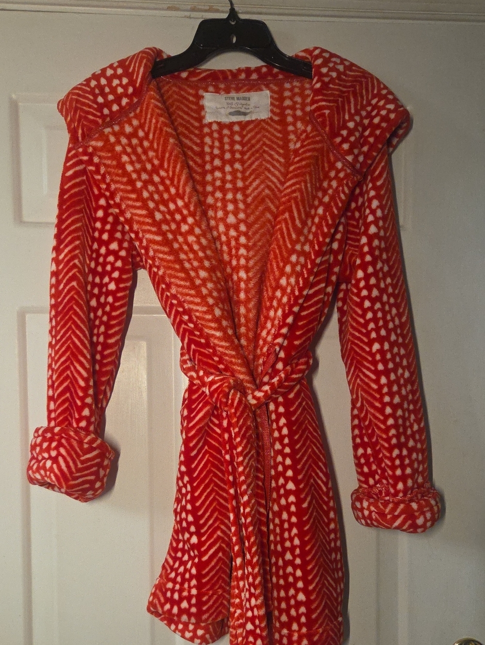 Steve Madden Red and White Hooded Fleece Robe with Belt
